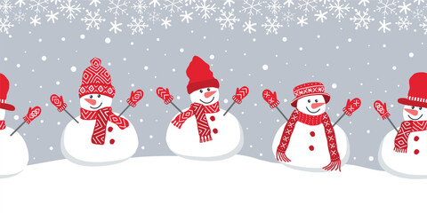 Happy snowmen have fun in winter holidays. Seamless border. Christmas background. Different snowmen in red winter hats and scarves. Snowflakes. Greeting card template. Vector illustration on gray