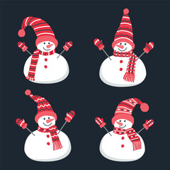 Cute snowmen. Set. Four different snowmen in beautiful red winter clothes. Greeting card Template. Vector illustration