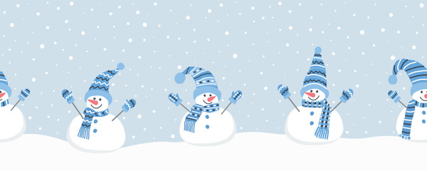 Happy snowmen have fun in winter holidays. Seamless border. Christmas background. Different snowmen in blue winter hats and scarves. Greeting card template. Vector illustration on light blue