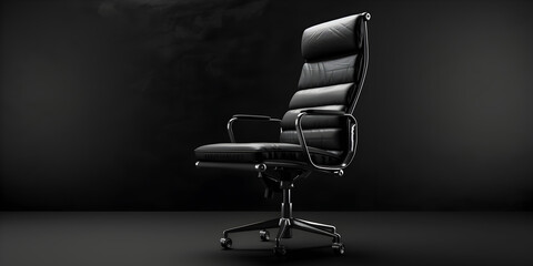 One black leather armchair on solid dark gray background. Comfortable soft office chair. Modern design. Cozy expensive luxury furniture. Advertising, booklet, poster, furniture store.