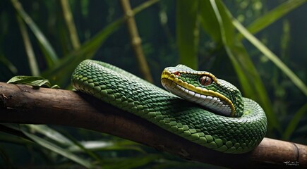 Fototapeta premium Green pit viper coiled on a wooden branch, emerald tree boa in tropical jungle foliage, exotic venomous snake in rainforest habitat