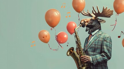 Retro 50s jazz poster style, moose in a suit playing a saxophone, balloons with musical notes...