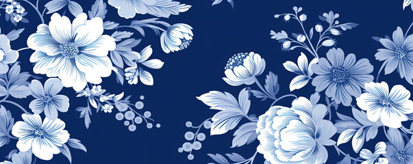 White floral pattern on a blue background, textured fabric, wallpaper - obrazy, fototapety, plakaty