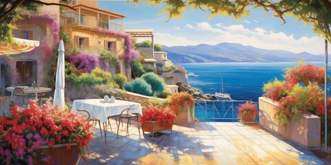 Transport yourself to the Mediterranean coast with this captivating view of sun-drenched villas surrounded by vibrant bougainvillea. - obrazy, fototapety, plakaty