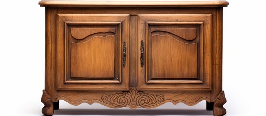 A brown wooden cabinet with two rectangle doors, built as a fixture, is placed on a white background. The wood stain enhances the natural beauty of the wood planks used for construction