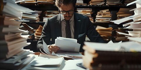 A busy businessman surrounded by stacks of papers checking financial documents on a cluttered table. Concept Business, Stress, Work, Financial Documents, Cluttered Table