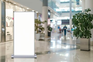 Blank roll-up banner mockup in shopping mall, ready for customized advertising design - obrazy, fototapety, plakaty