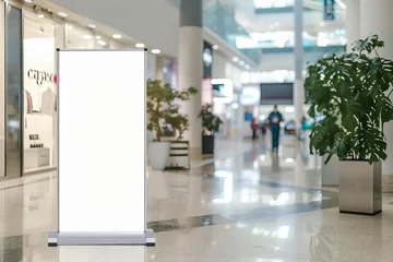 Fotobehang Blank roll-up banner mockup in shopping mall, ready for customized advertising design © Lucija