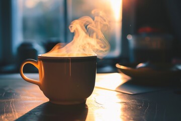 Closeup of a steaming cup of coffee resting on a table, emitting warmth and coziness in a coffee-themed setting