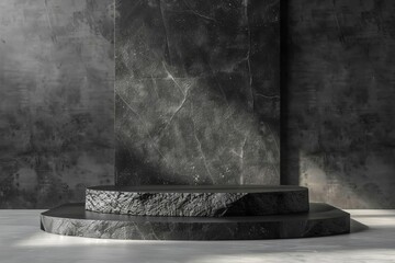 Black Stone Pedestal on Stage for Product Display or Presentation, Minimalist Showcase