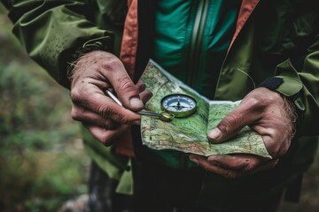 Closeup of hikers hands holding map and compass for navigation skills in forest