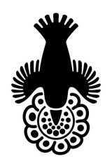 Hummingbird over a flower, motif and symbol of Aztec god Huitzilopochtli, whose name means Huitzilin or Hummingbird of the South. Decorative Aztec clay stamp motif found in pre-Columbian Mexico City.