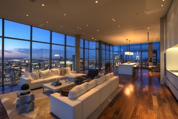 A luxurious living room filled with furniture and large windows showcasing urban city views