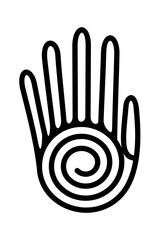 Human hand with spiral, healing hand symbol of native Americans. Decorative Aztec clay stamp motif, found in pre-Columbian San Andres Tuxtla, Veracruz. Fingers connected with a linear spiral as palm.
