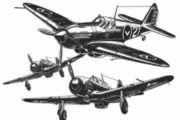 Black and white vintage WWII military airplanes isolated on white, retro bombers illustration - obrazy, fototapety, plakaty