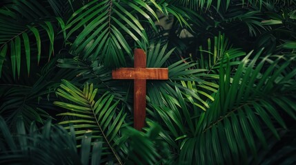 a wooden cross with a background of lush palm branches
