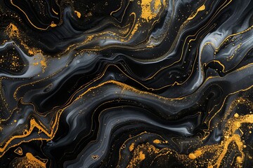 Black and gold wavy abstract pattern, horizontal banner with acrylic paint pouring rock marble texture - obrazy, fototapety, plakaty