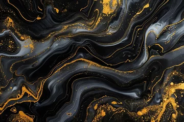 Foto op Canvas Black and gold wavy abstract pattern, horizontal banner with acrylic paint pouring rock marble texture © Lucija