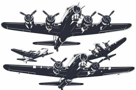 Black and white vintage WWII military airplanes isolated on white, retro bombers illustration