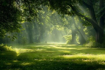 Sunlight filters through the trees, creating a serene atmosphere in a forest glade - obrazy, fototapety, plakaty