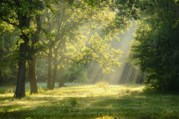 Sunlight filters through the dense forest canopy, illuminating the trees in a serene glade