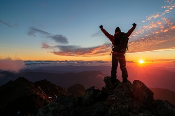 A hiker triumphantly stands on mountain peak with arms raised in celebration