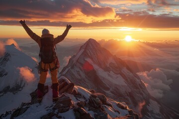 A hiker triumphantly stands on top of a snow-covered mountain with arms raised in victory
