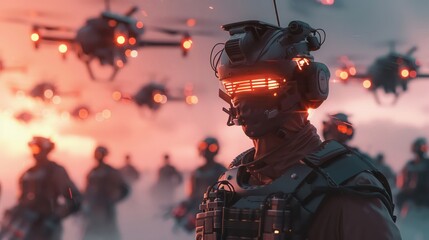 Mercenary leading a drone squadron in a corporate warfare scenario equipped with cybernetic enhancements