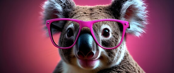Vibrant neon background, a koala wears stylish pink sunglasses. Generative AI - obrazy, fototapety, plakaty