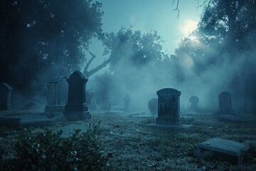 A spooky graveyard scene with tombstones and trees enveloped in fog, creating an eerie atmosphere perfect for Halloween - obrazy, fototapety, plakaty