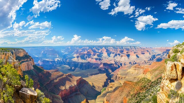 A sweeping panorama of the vast Grand Canyon showcasing its towering cliffs, winding Colorado River, and colorful rock formations under a clear blue sky