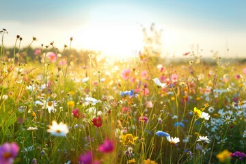 A panoramic shot featuring a sunlit meadow filled with a variety of wildflowers, with the sun shining in the background