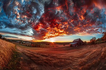 A barn stands in the center of a vast field under a dramatic sunset sky in the tranquil countryside