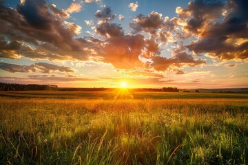 Sunset over a grassy field, showing warm colors in the sky and the sun dipping below the horizon - obrazy, fototapety, plakaty