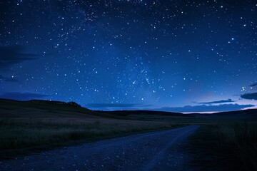 Dirt road in tranquil countryside under a starry night sky