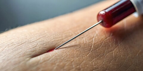 close-up needle and blood-filled cannula from a needle stick to donate blood, appeal for june 14 world blood donor day in hospital, healthcare and charity, helping people, good conscience, copy space - obrazy, fototapety, plakaty