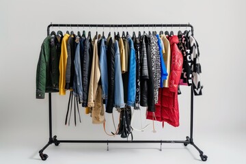 A wideangle shot of a clothing rack filled with different garments in a studio setting, providing a versatile backdrop