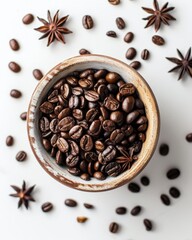 Fototapeta premium A bowl containing a mixture of coffee beans and star anise, creating a fragrant and visually appealing display
