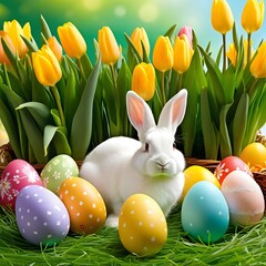 Filled with Easter spirit, this image features a cute white bunny among brightly decorated eggs and spring flowers.