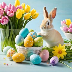 An image filled with Easter spirit, an adorable beige bunny among brightly decorated eggs and bright flowers. The bunny's playful pose creates a joyful spring atmosphere.