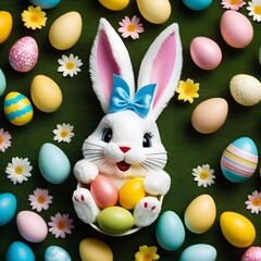 This vibrant image captures the essence of Easter joy, with an adorable bunny figure surrounded by bright pastel eggs and daisies. The bunny's expressive face adds a whimsical touch to the scene.
