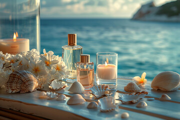 Exquisite arrangement of perfume bottles, candles, and seashells on a surface overlooking a calming...