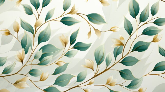 A green leafy background with white leaves and gold accents