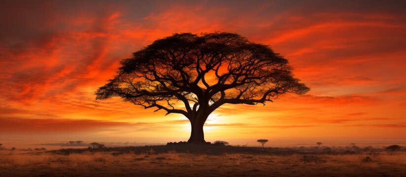 A tree stands as a silhouette against the setting sun in a vast plain, with clouds and a red afterglow painting the sky in shades of red and orange