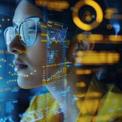 Woman with glasses on in the digital world, close up