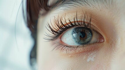 A detailed view of a persons eye showcasing long lashes and intricate details