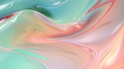 The close up of a glossy liquid surface abstract in blush pink, powder blue, and mint green colors in pastel style with a soft focus. 3D illustration of exuberant. generative AI
