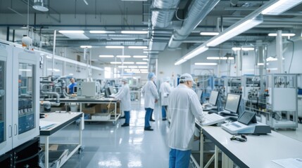 A high-tech cleanroom facility with technicians in lab coats working on precision manufacturing or research in a controlled environment. - obrazy, fototapety, plakaty