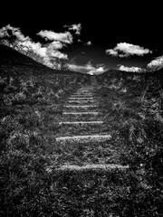 black and white photo of steps on the ground against the sky
