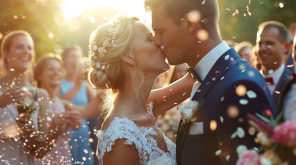 A bride and groom kiss amidst a festive celebration with confetti and guests cheering around them. - Powered by Adobe